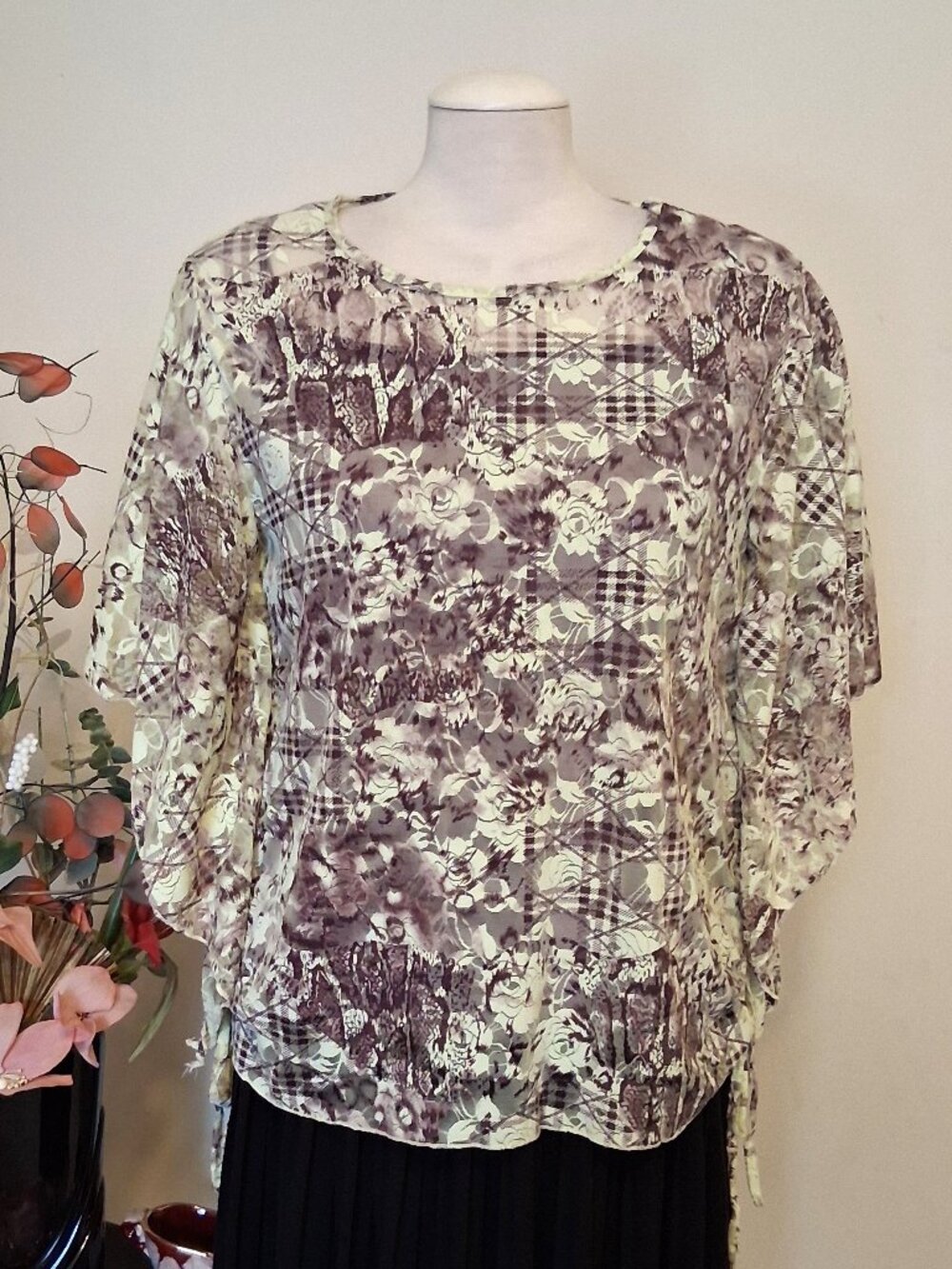 NEW 2-piece Purple White Floral Printed Lace Blouse & Purple Camisole 12